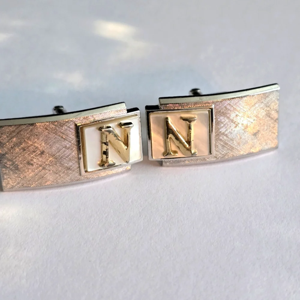 Vintage cuff links letter N silver tone gold tone initial alphabet monogram